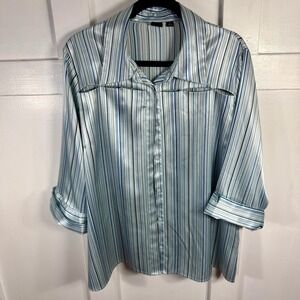 Milano Woman Striped Button Front Shirt Blouse Top Blue White Black Size 1X